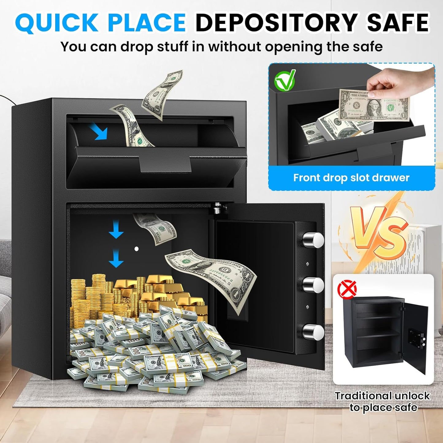 2.6 Cubic Foot Drop Safe for Businesses, Quick Access Safe with Drop Slot, Digital Backlit Combination Lock and Backup Key, Alarm and Mute System, Anti-Theft Cash Deposit Safe for Office and Home Use