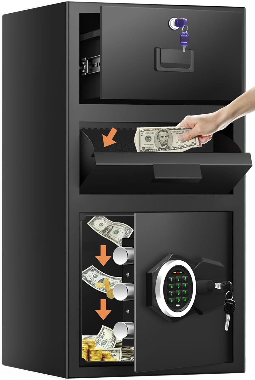 2.6 Cubic Foot Drop Safe for Businesses, Quick Access Safe with Drop Slot, Digital Backlit Combination Lock and Backup Key, Alarm and Mute System, Anti-Theft Cash Deposit Safe for Office and Home Use