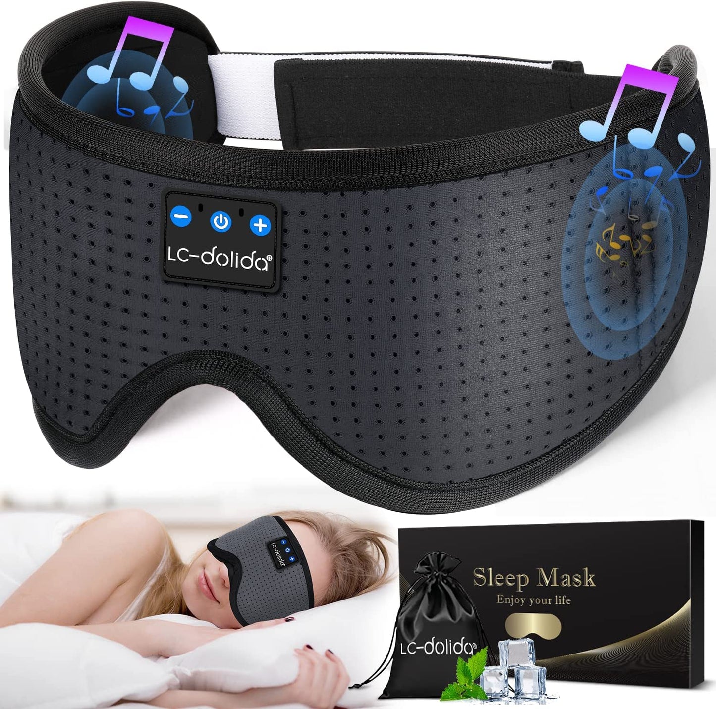Lc-Dolida Sleeping Headphones Eye Mask, Sleep Mask with Bluetooth Headphones 3D Eye Mask Wireless Music Cotton Sleep Cover for Side Sleepers Nap Insomnia Air Travel Meditation Gifts for Unisex