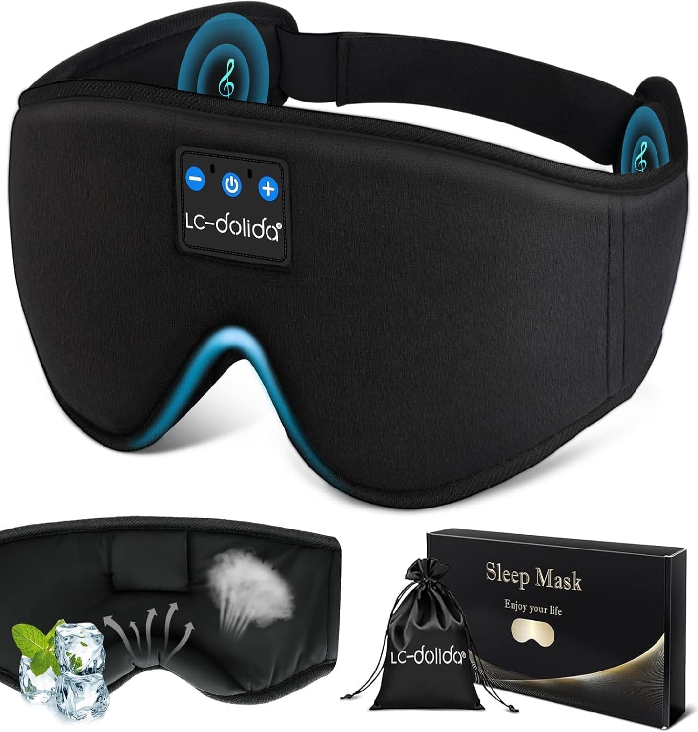 Lc-Dolida Sleeping Headphones Eye Mask, Sleep Mask with Bluetooth Headphones 3D Eye Mask Wireless Music Cotton Sleep Cover for Side Sleepers Nap Insomnia Air Travel Meditation Gifts for Unisex