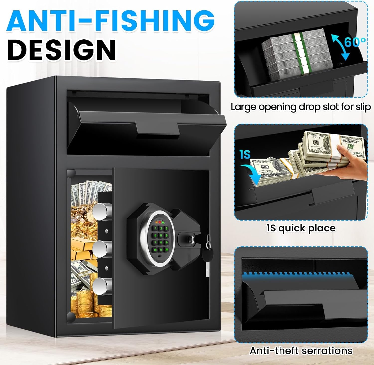 2.6 Cubic Foot Drop Safe for Businesses, Quick Access Safe with Drop Slot, Digital Backlit Combination Lock and Backup Key, Alarm and Mute System, Anti-Theft Cash Deposit Safe for Office and Home Use