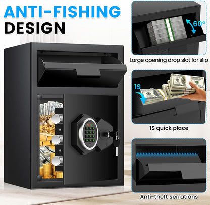 2.6 Cubic Foot Drop Safe for Businesses, Quick Access Safe with Drop Slot, Digital Backlit Combination Lock and Backup Key, Alarm and Mute System, Anti-Theft Cash Deposit Safe for Office and Home Use