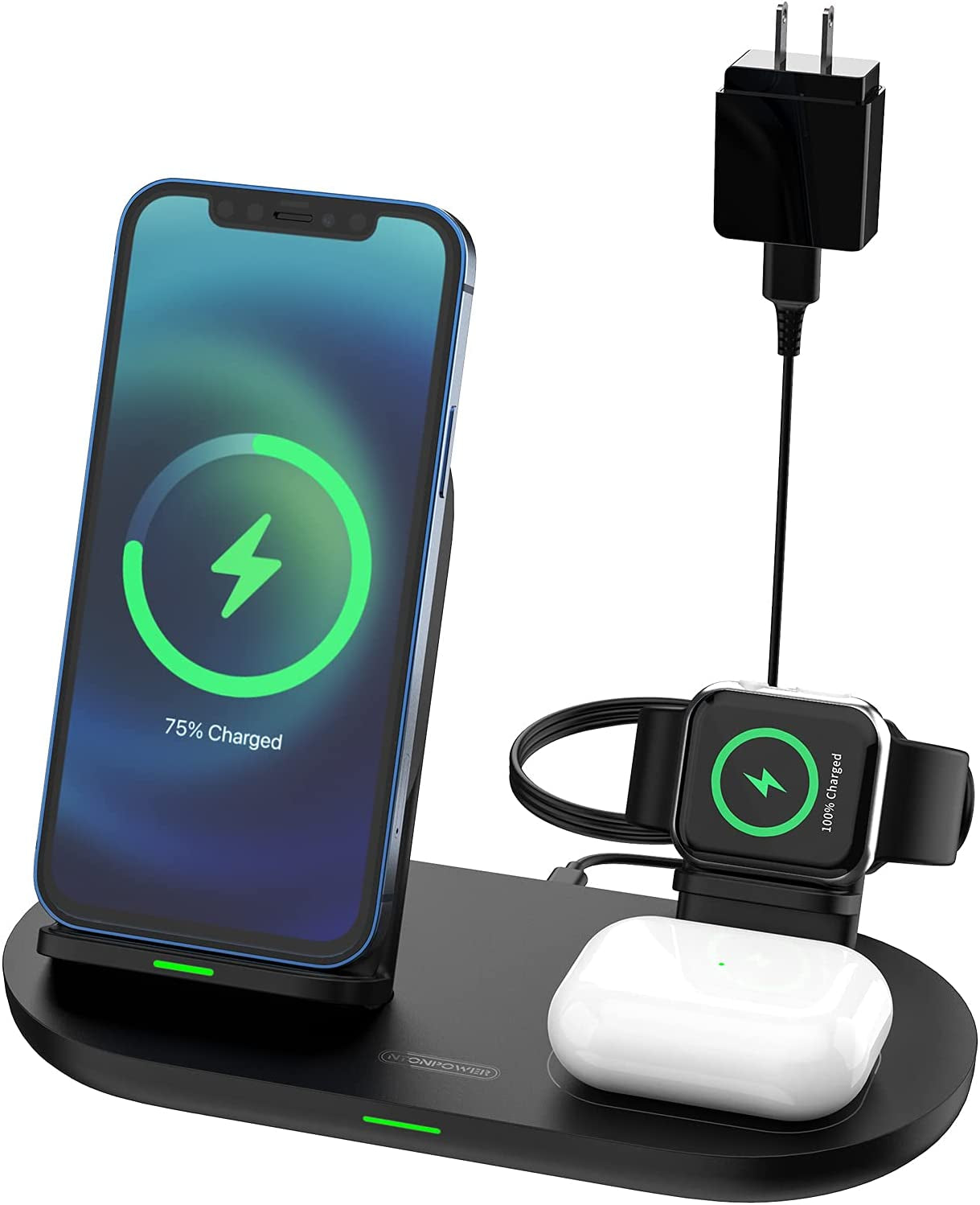 NTONPOWER 3 in 1 Wireless Charging Station for Apple Product, Wireless Charging Pad for Apple Watch, Airpods Pro/2, Wireless Charger Stand for Iphone 12/12 Pro/12 Pro Max/Se2(No Included Iwatch Cable)