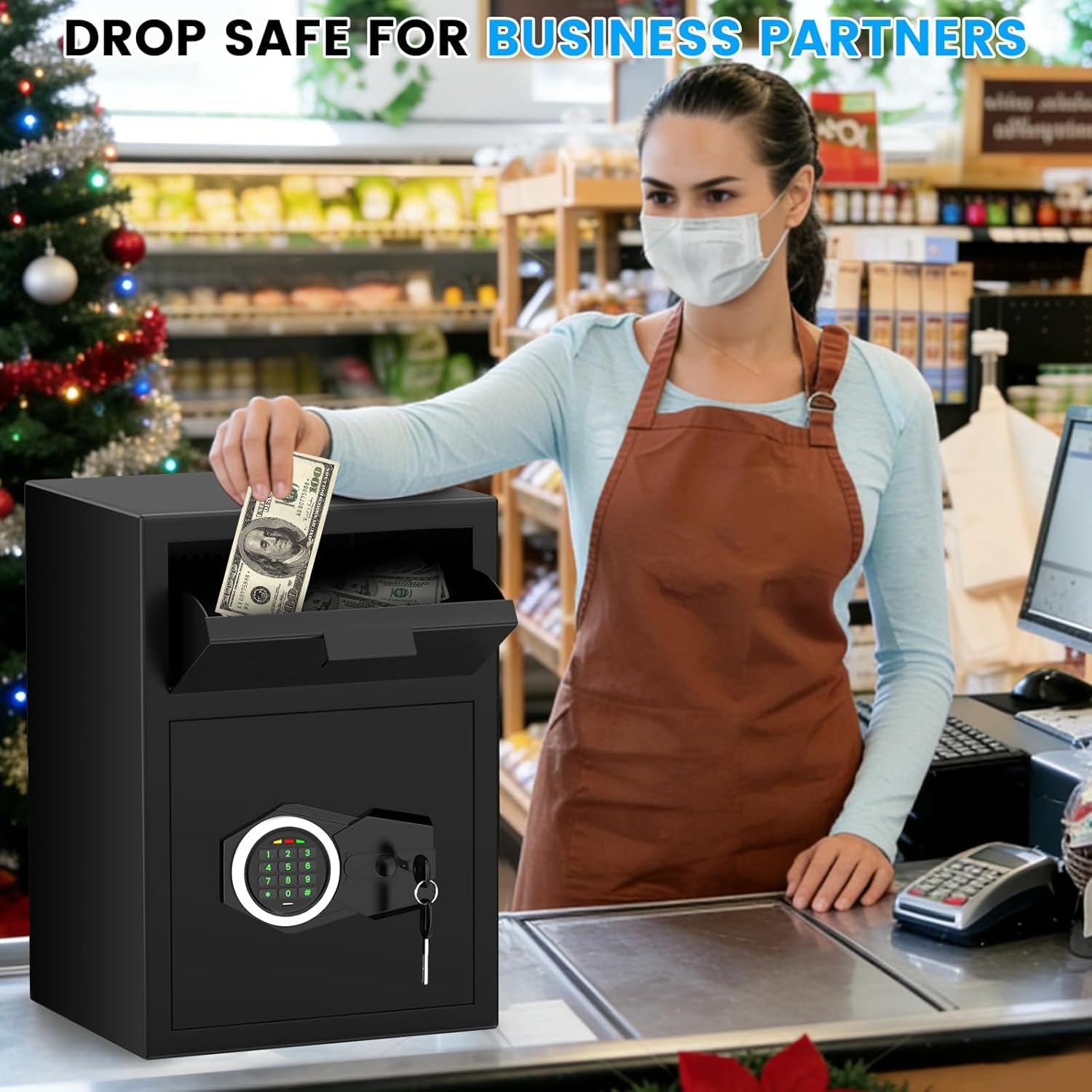 2.6 Cubic Foot Drop Safe for Businesses, Quick Access Safe with Drop Slot, Digital Backlit Combination Lock and Backup Key, Alarm and Mute System, Anti-Theft Cash Deposit Safe for Office and Home Use
