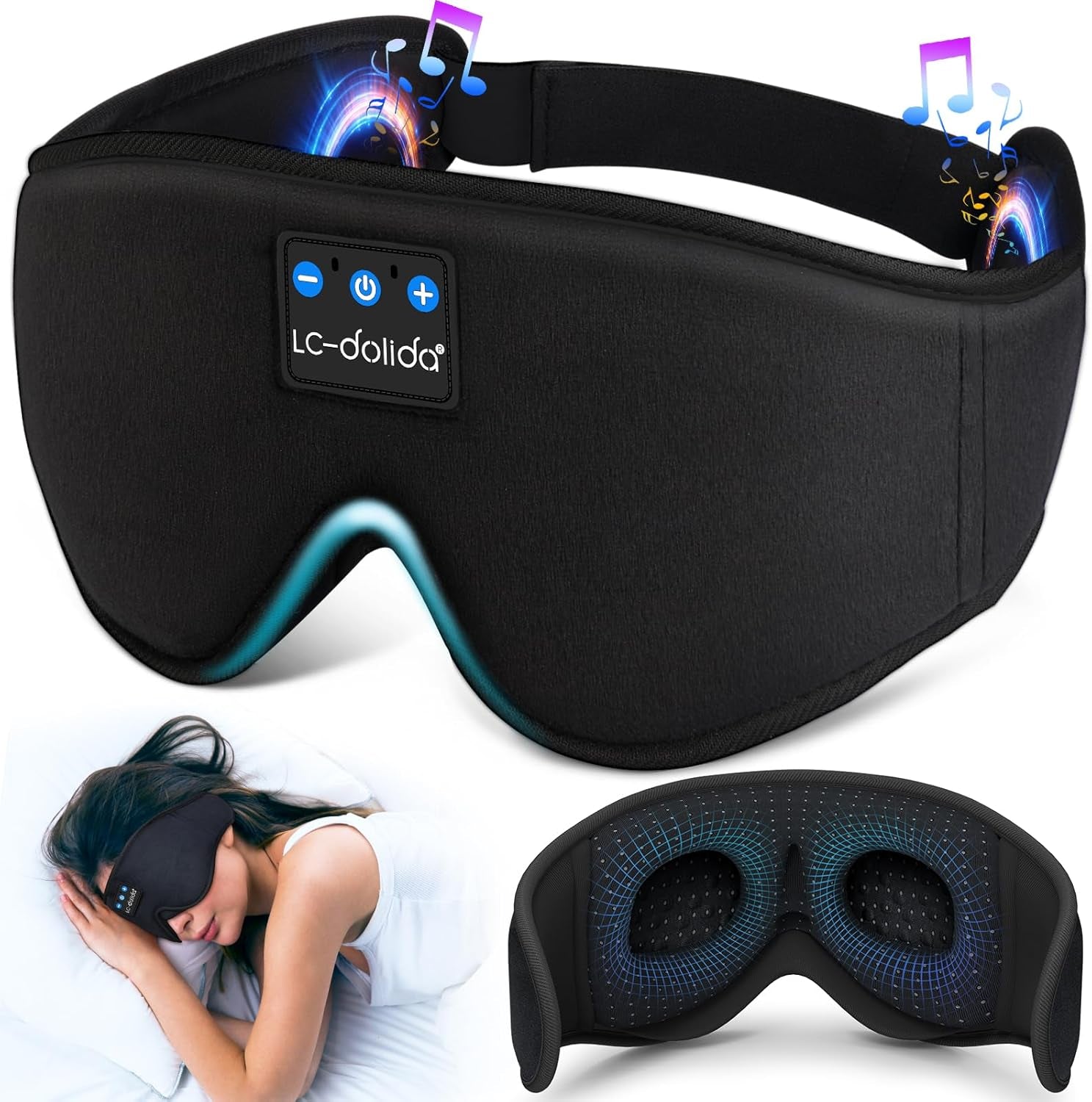 Lc-Dolida Sleeping Headphones Eye Mask, Sleep Mask with Bluetooth Headphones 3D Eye Mask Wireless Music Cotton Sleep Cover for Side Sleepers Nap Insomnia Air Travel Meditation Gifts for Unisex