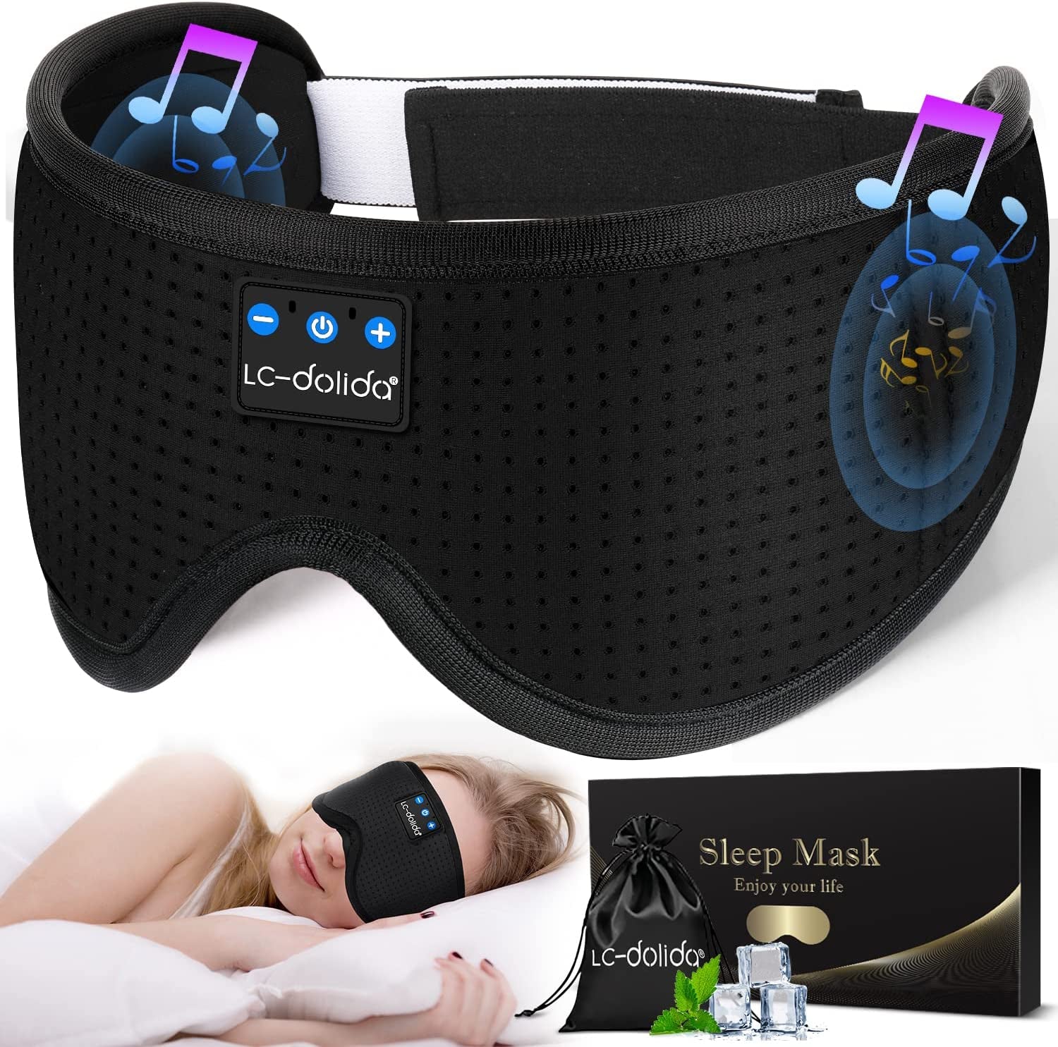 Lc-Dolida Sleeping Headphones Eye Mask, Sleep Mask with Bluetooth Headphones 3D Eye Mask Wireless Music Cotton Sleep Cover for Side Sleepers Nap Insomnia Air Travel Meditation Gifts for Unisex