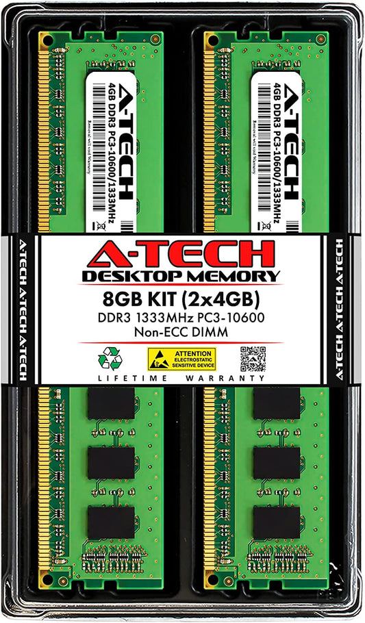 A-Tech RAM 8GB Kit (2X4Gb) DDR3 1333 Mhz PC3-10600 DIMM - Desktop Computer Memory - CL9 240-Pin UDIMM Non-Ecc Unbuffered Upgrade Modules